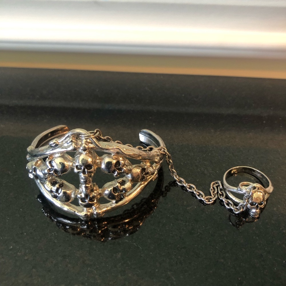 Silver Skull Bracelet and Ring Set